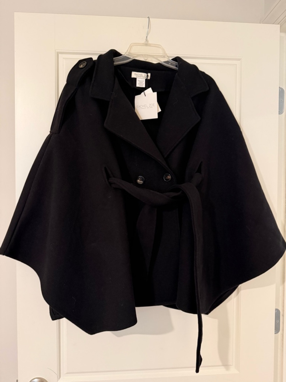 Rachel Zoe Black Wool Cape with Tie Belt